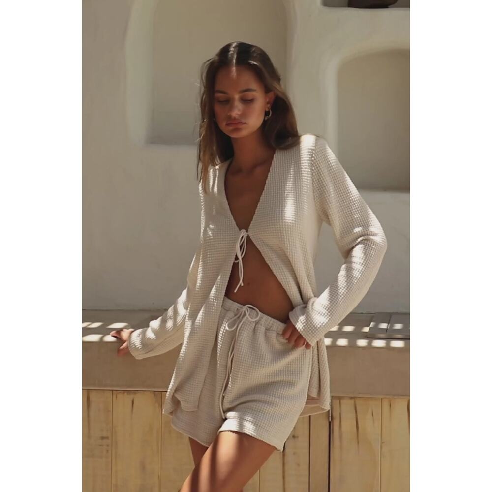 SABO Emel Waffle Knit Top Size 2 Cream Ivory Tie Front Minimalist Neutral